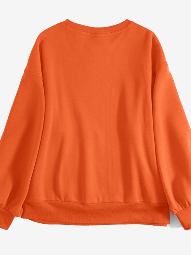 Kvinder Ensfarvet Raglan Rund Hals Kængurulomme Langærmet Pullover Sweatshirt