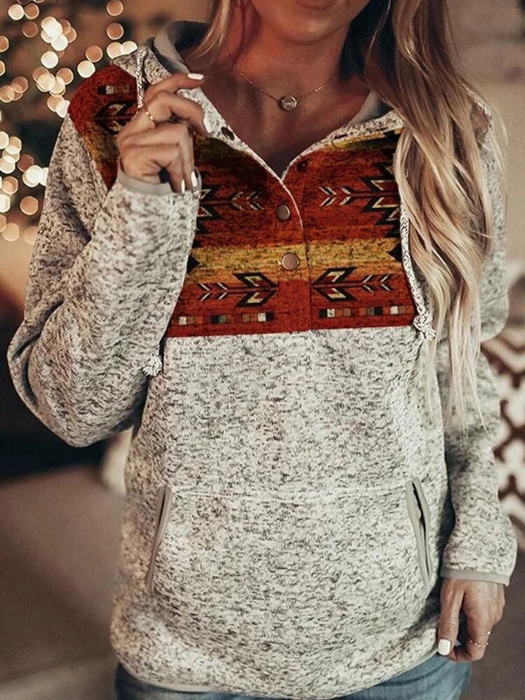 Kvinder Etnisk Stil Print Gypsy Patchwork Halv Button Up Fleece Pullover Hættetrøje