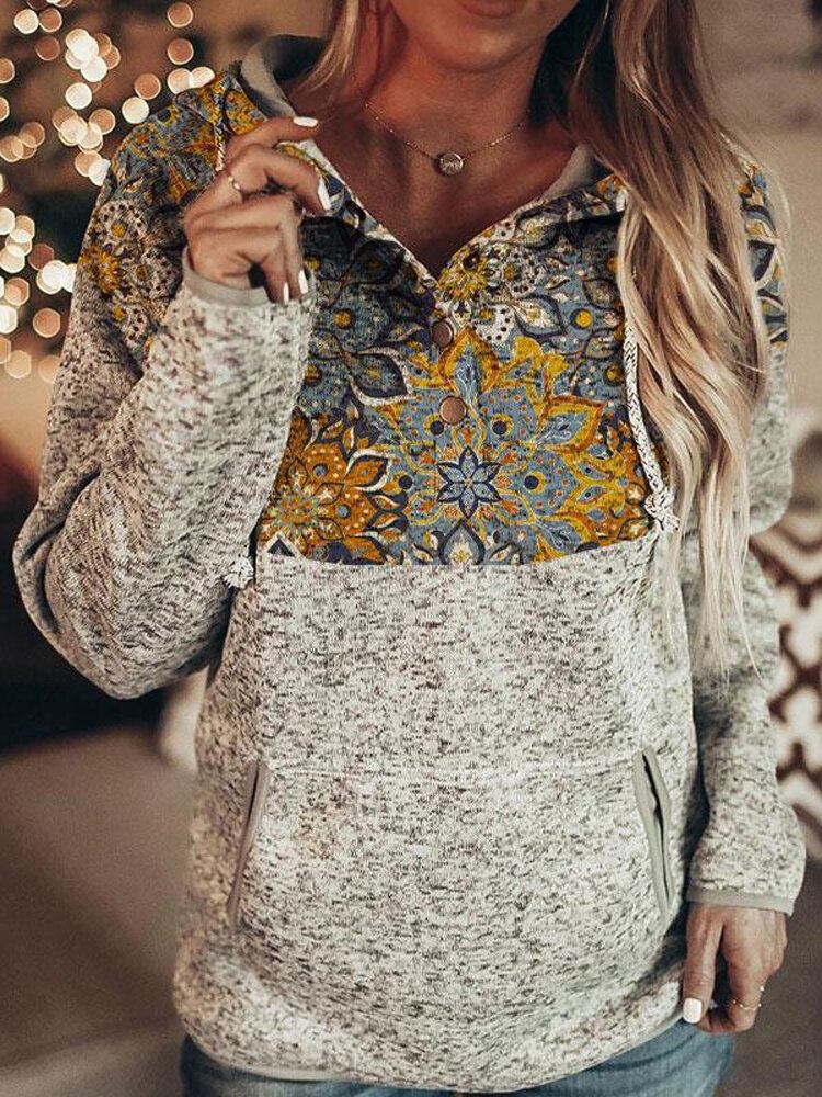 Kvinder Etnisk Stil Print Gypsy Patchwork Halv Button Up Fleece Pullover Hættetrøje