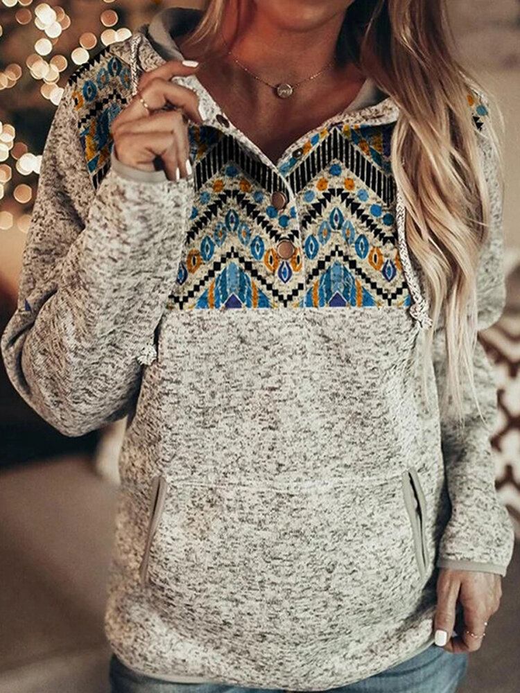 Kvinder Etnisk Stil Print Gypsy Patchwork Halv Button Up Fleece Pullover Hættetrøje