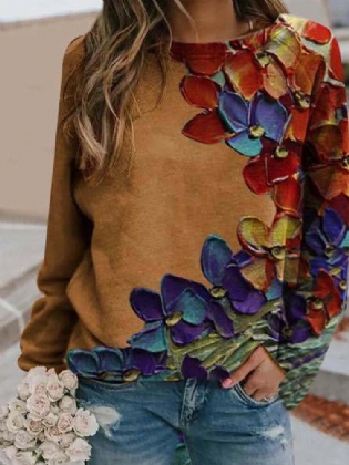 Kvinder Farverigt Flower Print Langærmede O-hals Casual Sweatshirt