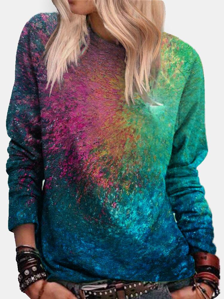 Kvinder Farverigt Tie-dye Print O-hals Casual Langærmet Pullover Sweatshirt