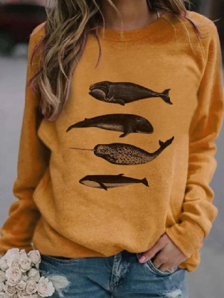 Kvinder Fisk Udskrivning Rundhalset Casual Raglan Sleeve Sweatshirts
