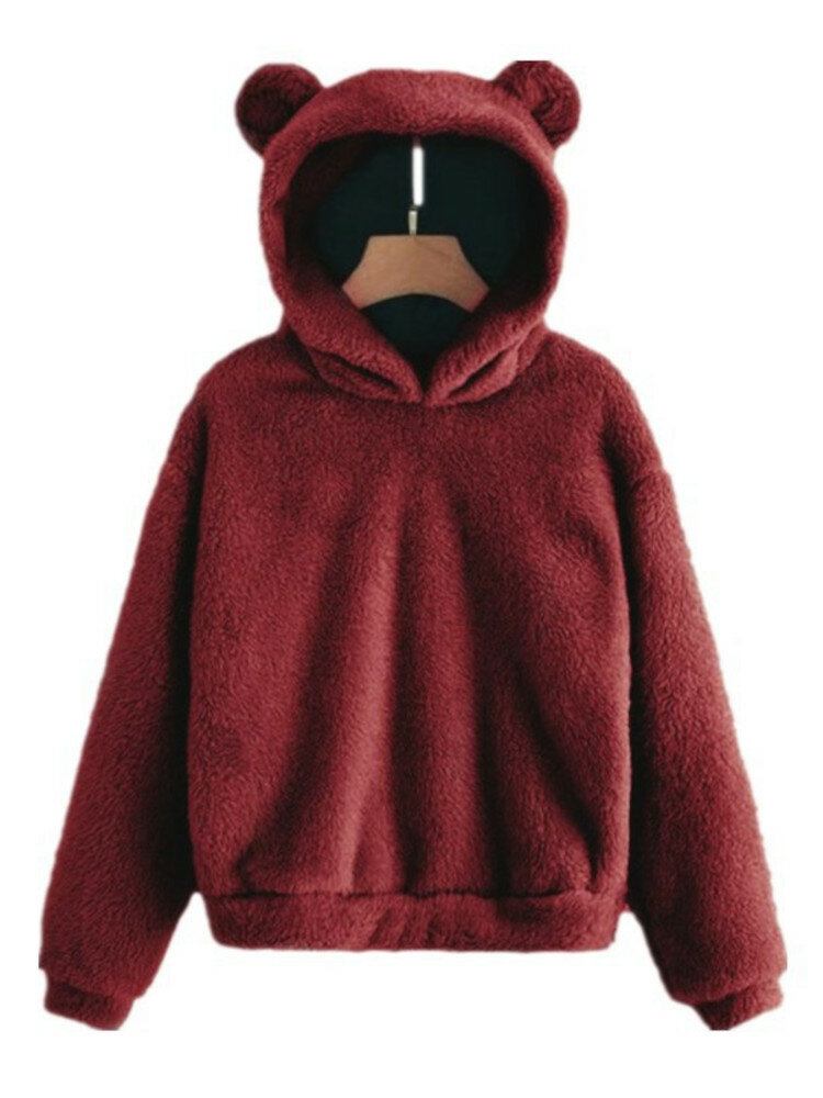 Kvinder Fluffy Kaniner Ører Solid Tegneserie Sød Hætte Patchwork Langærmet Casual Sweatshirt