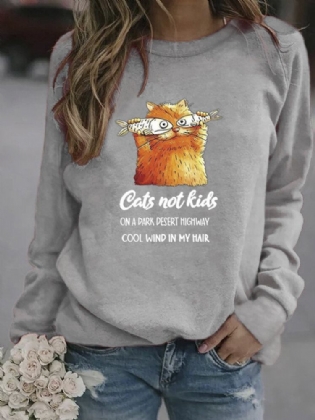 Kvinder Funny Cartoon Cat Printed Pullover Langærmede Casual Sweatshirts