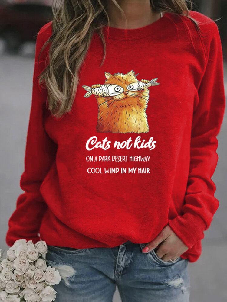 Kvinder Funny Cartoon Cat Printed Pullover Langærmede Casual Sweatshirts