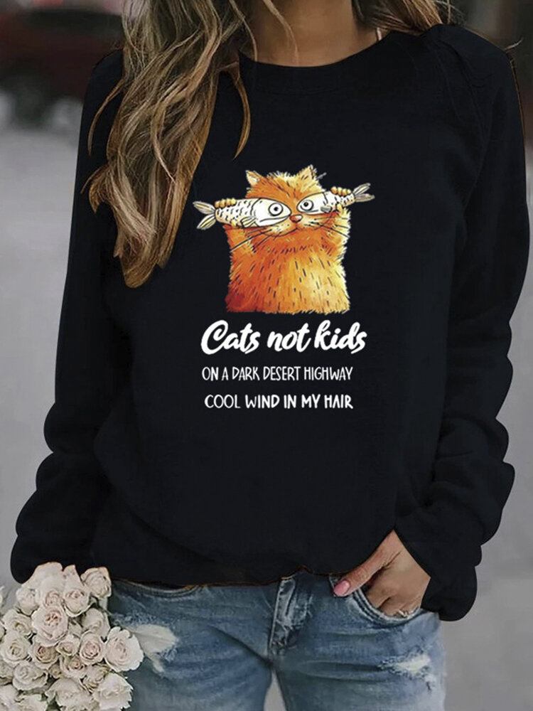 Kvinder Funny Cartoon Cat Printed Pullover Langærmede Casual Sweatshirts