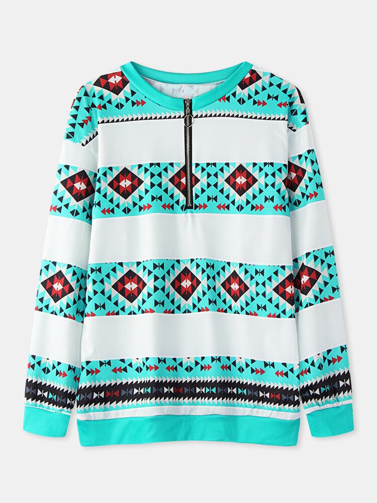 Kvinder Geometri Print Halv Lynlås Front Pullover Etnisk Stil Sweatshirt