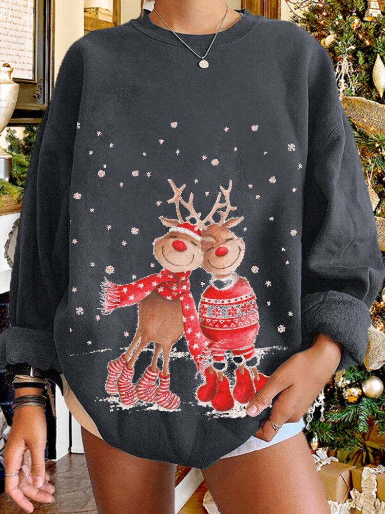 Kvinder Jul Elg Cartoon Cerf Snow Print Casual O-hals Løs Casual Pullover Sweatshirt