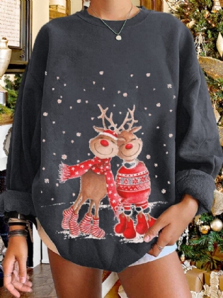 Kvinder Jul Elg Cartoon Cerf Snow Print Casual O-hals Løs Casual Pullover Sweatshirt