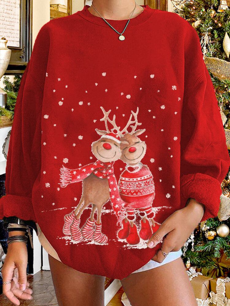 Kvinder Jul Elg Cartoon Cerf Snow Print Casual O-hals Løs Casual Pullover Sweatshirt