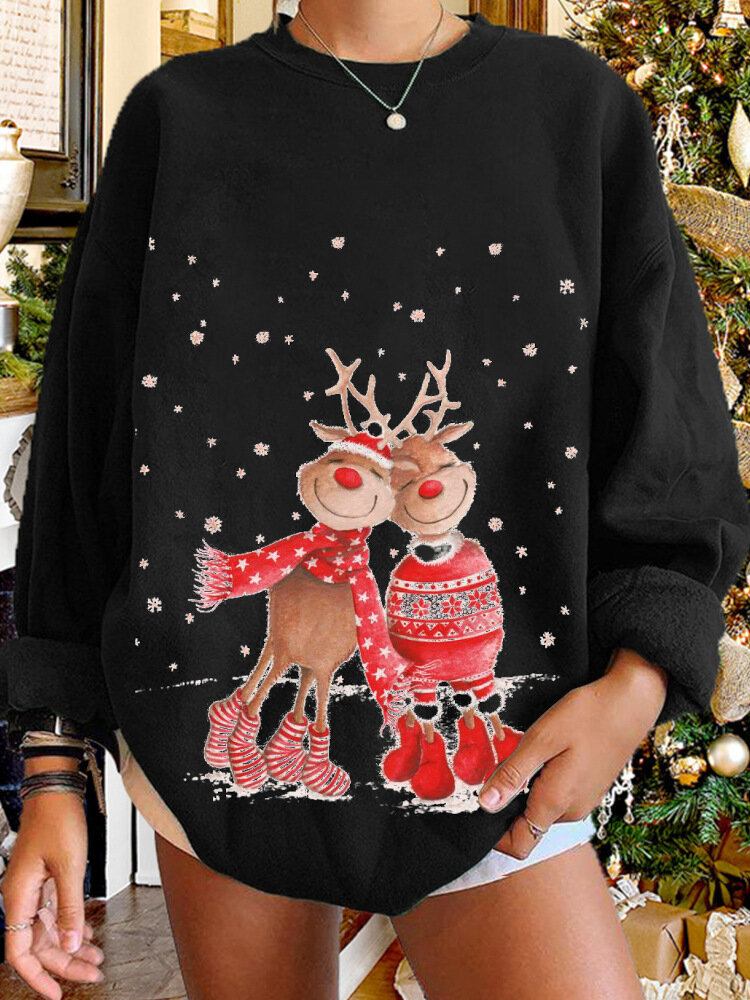 Kvinder Jul Elg Cartoon Cerf Snow Print Casual O-hals Løs Casual Pullover Sweatshirt