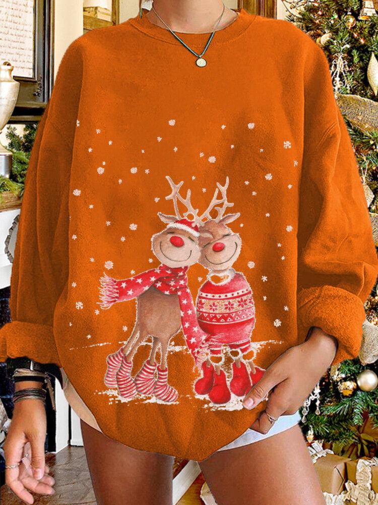 Kvinder Jul Elg Cartoon Cerf Snow Print Casual O-hals Løs Casual Pullover Sweatshirt