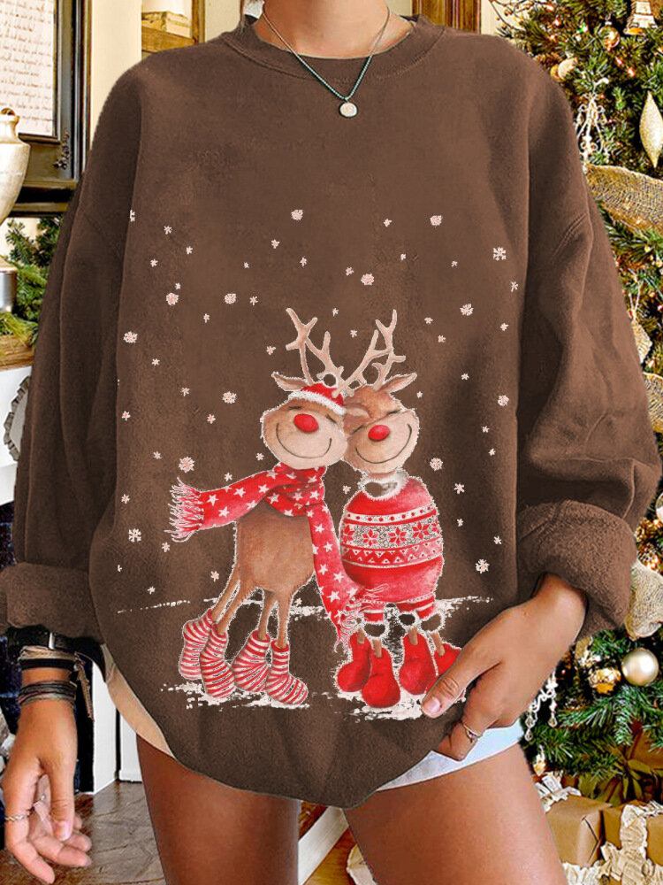 Kvinder Jul Elg Cartoon Cerf Snow Print Casual O-hals Løs Casual Pullover Sweatshirt