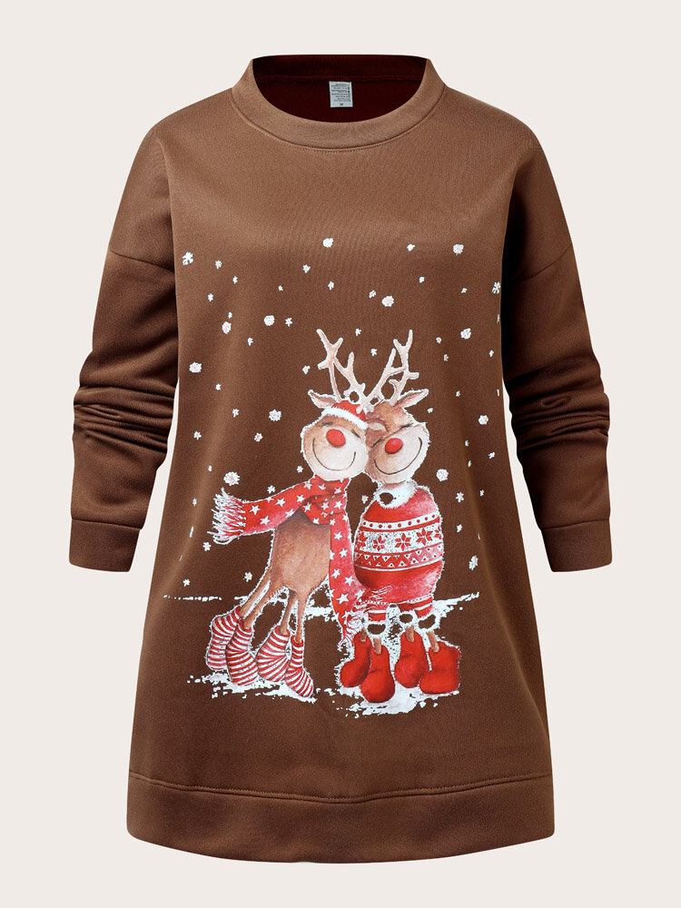 Kvinder Jul Elg Cartoon Cerf Snow Print Casual O-hals Løs Casual Pullover Sweatshirt