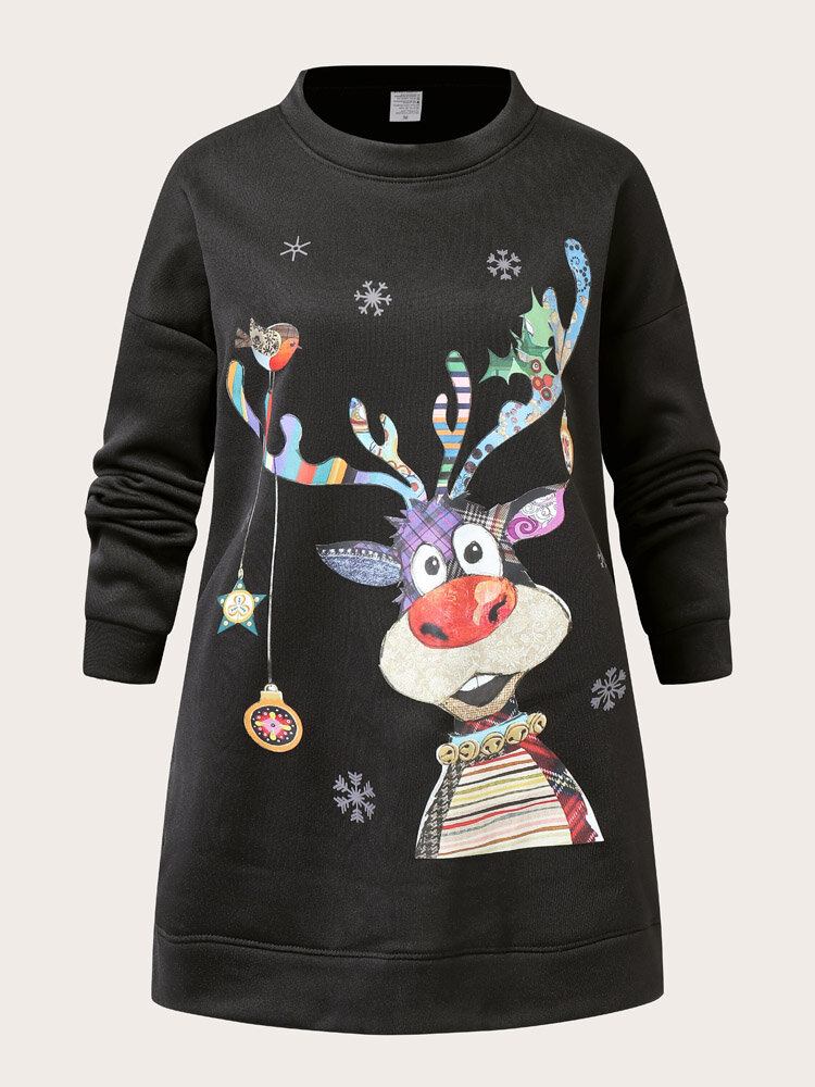 Kvinder Jul Elg Sød Tegneserie Rundhalset Langærmet Casual Pullover Sweatshirt