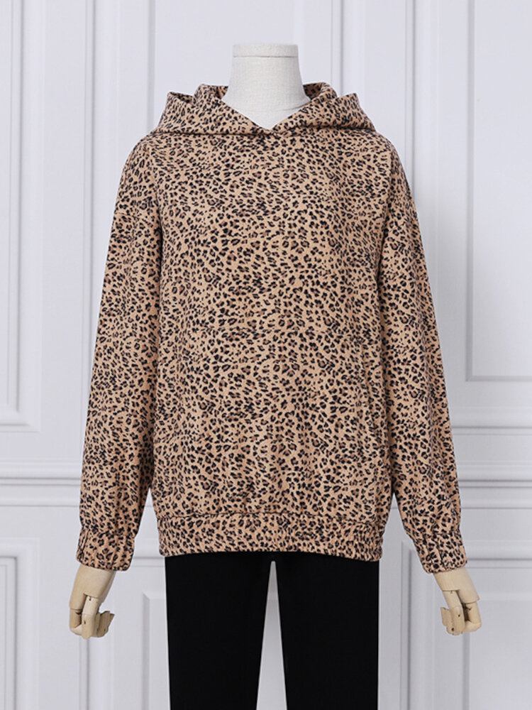 Kvinder Leopardprintet Frontlomme Med Fuld Ærmet Hættekrave Afslappet Sweatshirt