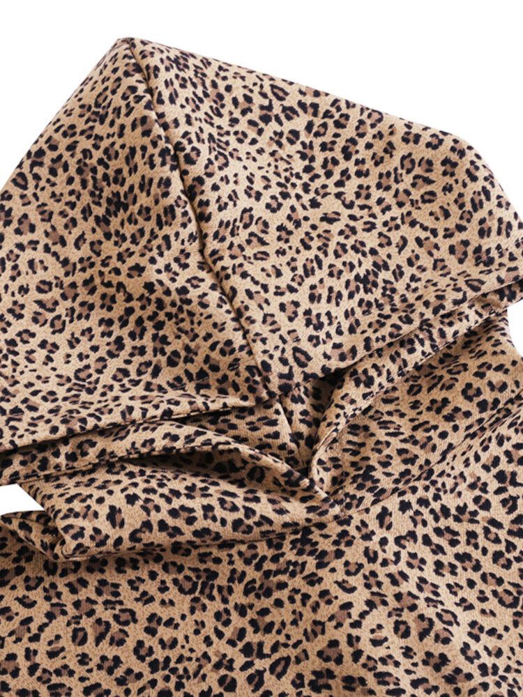 Kvinder Leopardprintet Frontlomme Med Fuld Ærmet Hættekrave Afslappet Sweatshirt