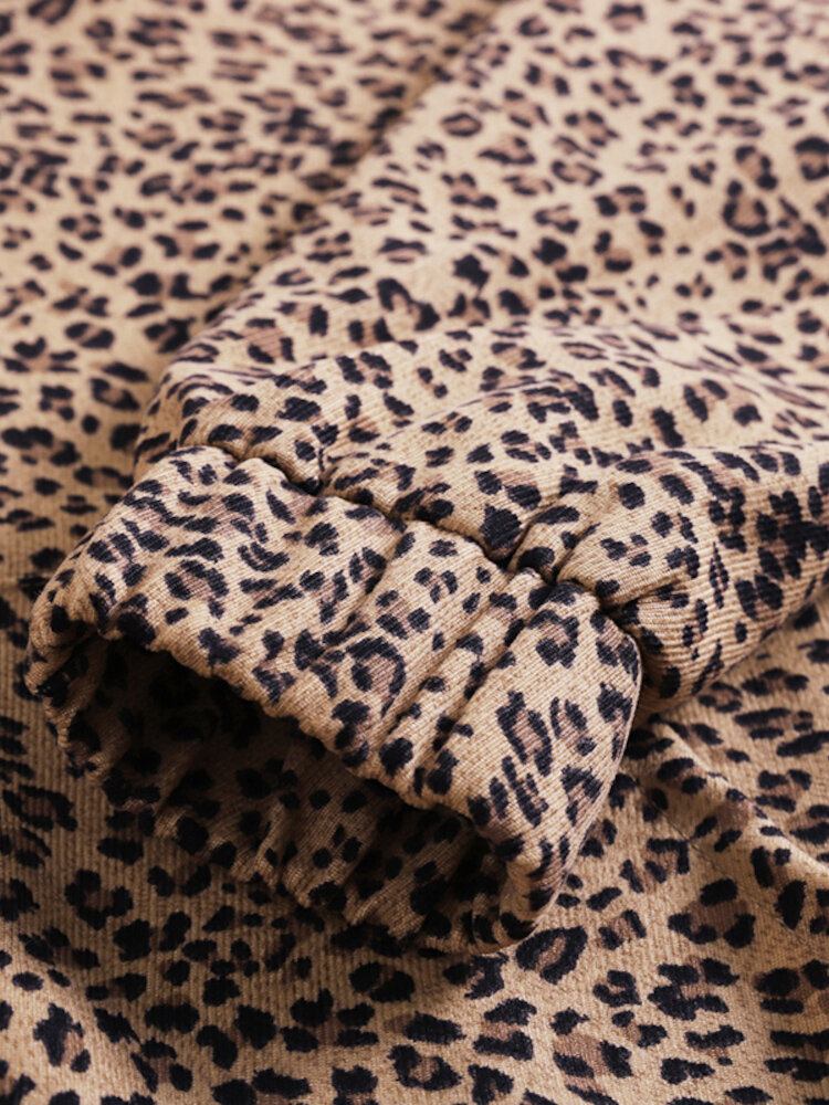 Kvinder Leopardprintet Frontlomme Med Fuld Ærmet Hættekrave Afslappet Sweatshirt