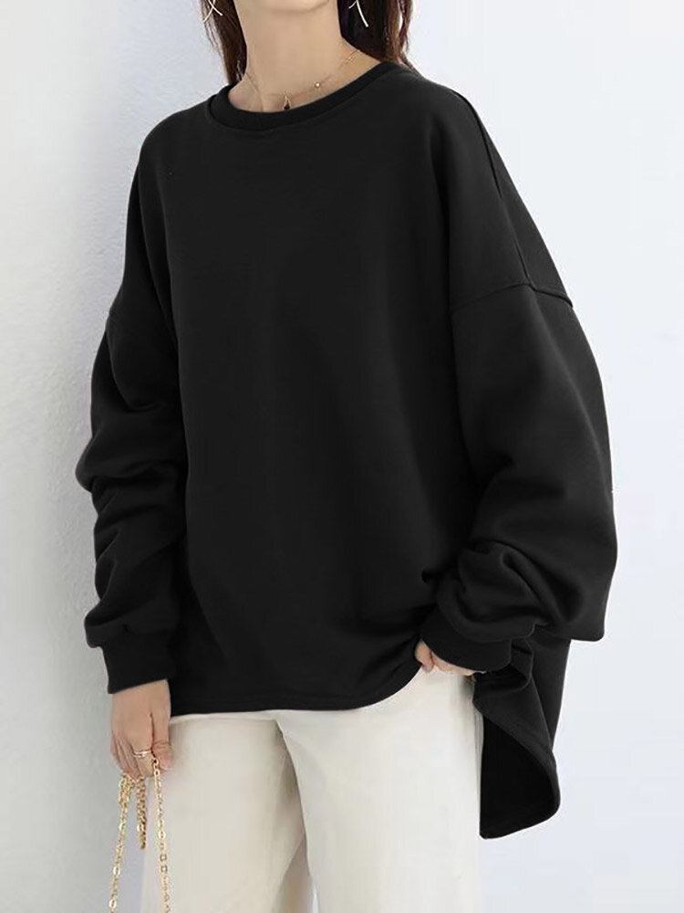 Kvinder Løs Tyk Ryggaffel Høj Lav Solid Casual Pullover Sweatshirt