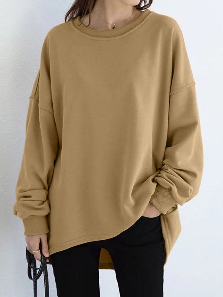 Kvinder Løs Tyk Ryggaffel Høj Lav Solid Casual Pullover Sweatshirt