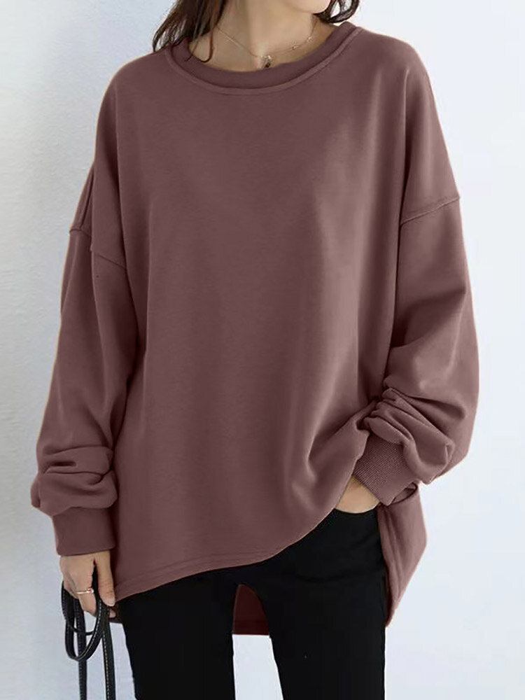 Kvinder Løs Tyk Ryggaffel Høj Lav Solid Casual Pullover Sweatshirt