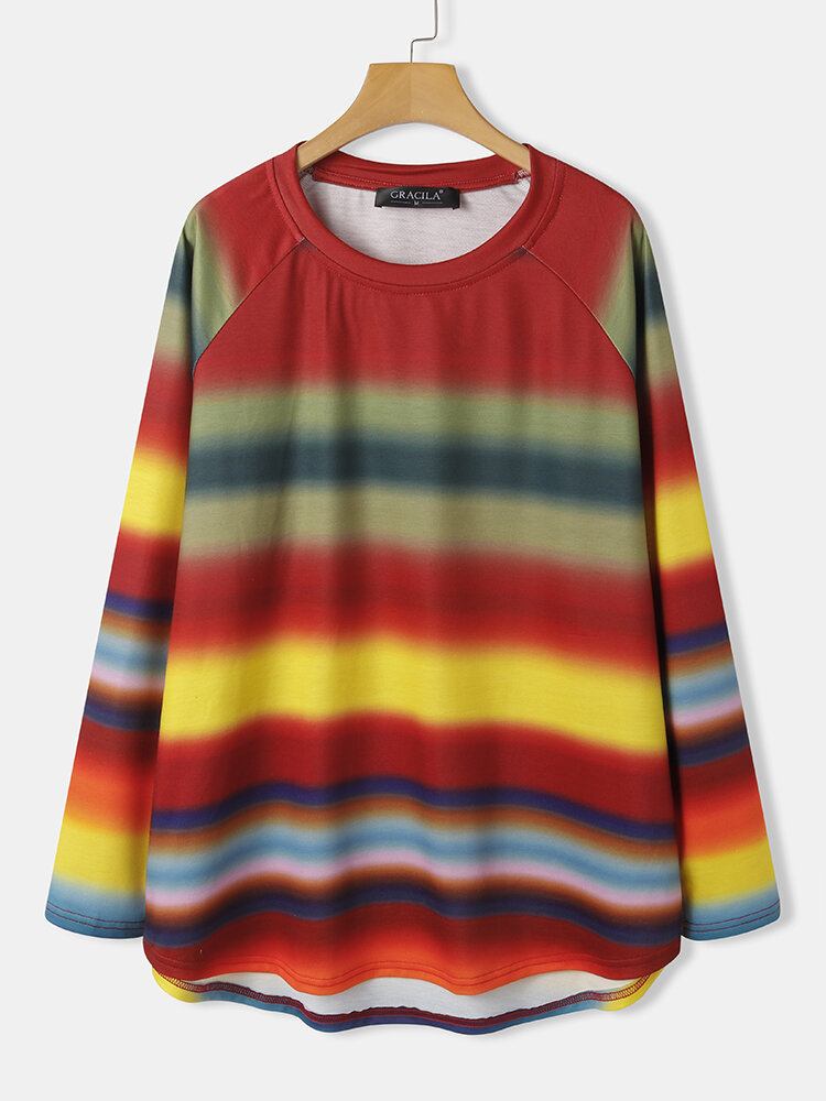 Kvinder Multi Colour Ombre Stribet O-hals Raglanærmer Casual Sweatshirts