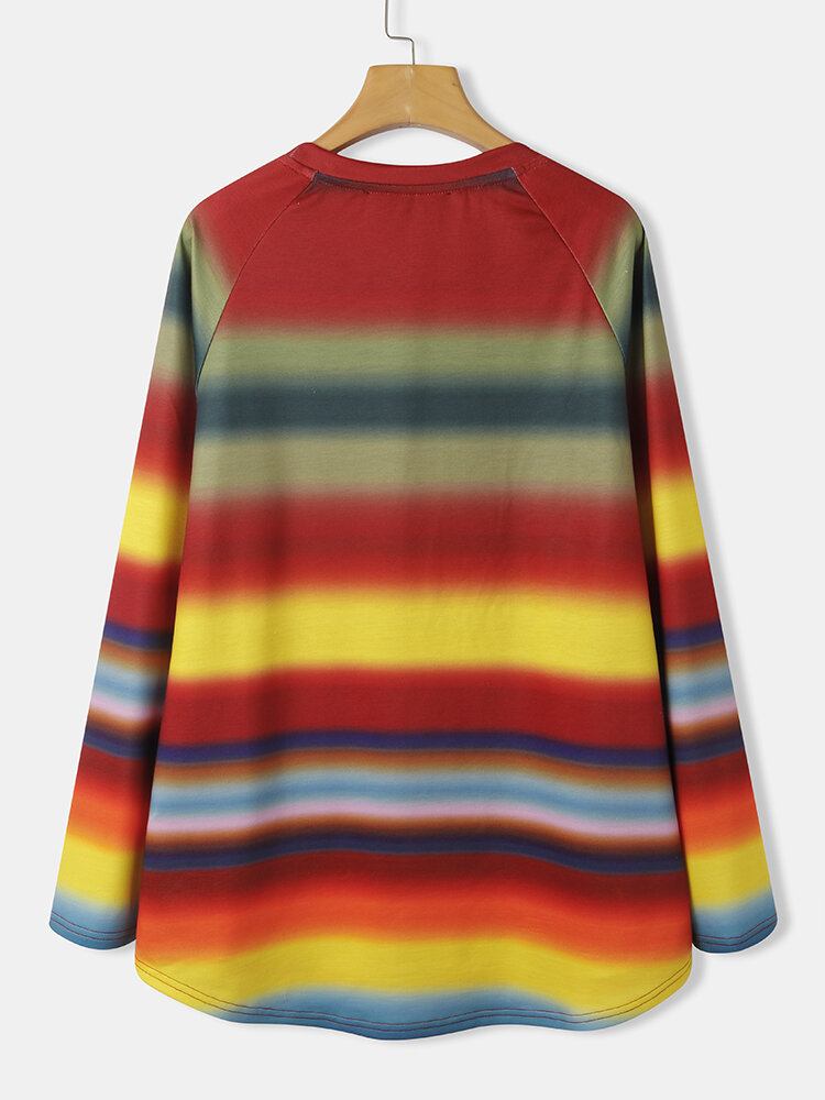 Kvinder Multi Colour Ombre Stribet O-hals Raglanærmer Casual Sweatshirts