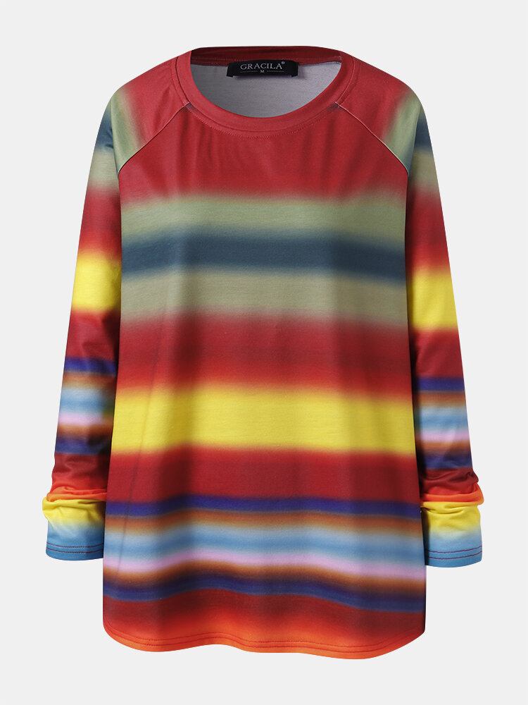 Kvinder Multi Colour Ombre Stribet O-hals Raglanærmer Casual Sweatshirts