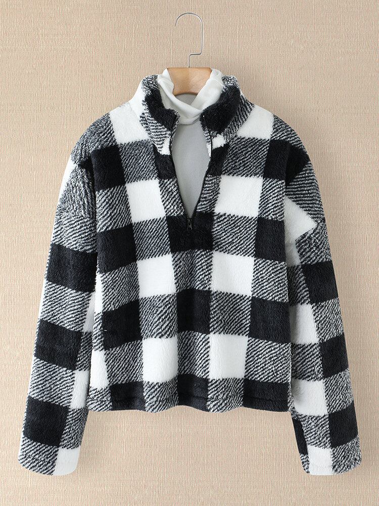 Kvinder Plaid Print Halv Lynlås Front Pullover Sweatshirts Varme Frakker