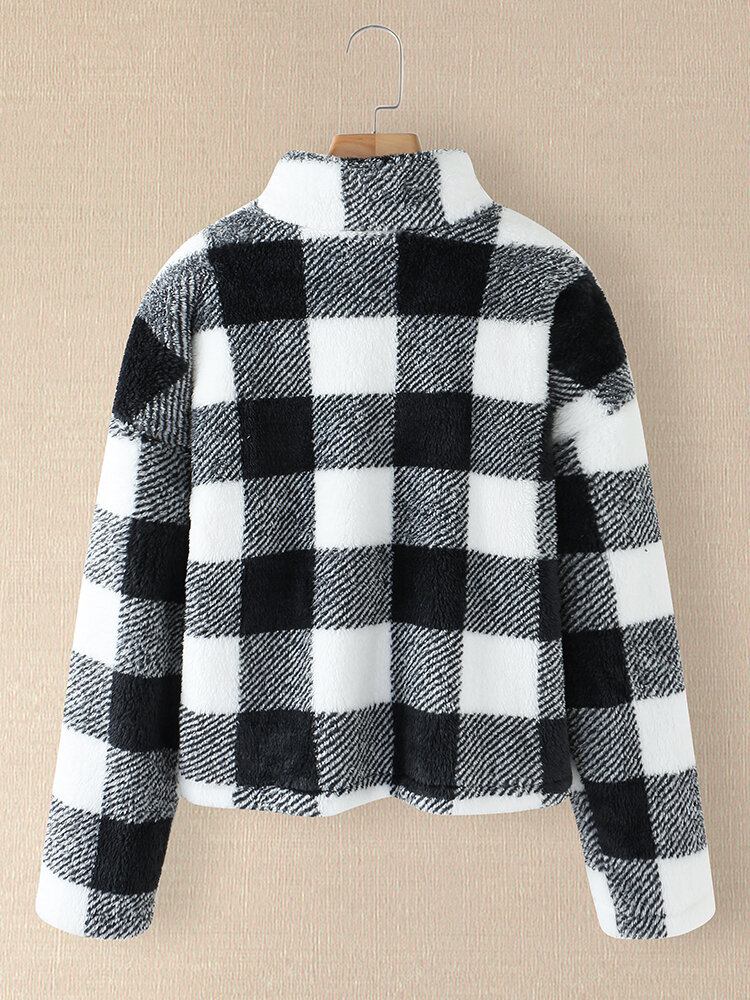 Kvinder Plaid Print Halv Lynlås Front Pullover Sweatshirts Varme Frakker