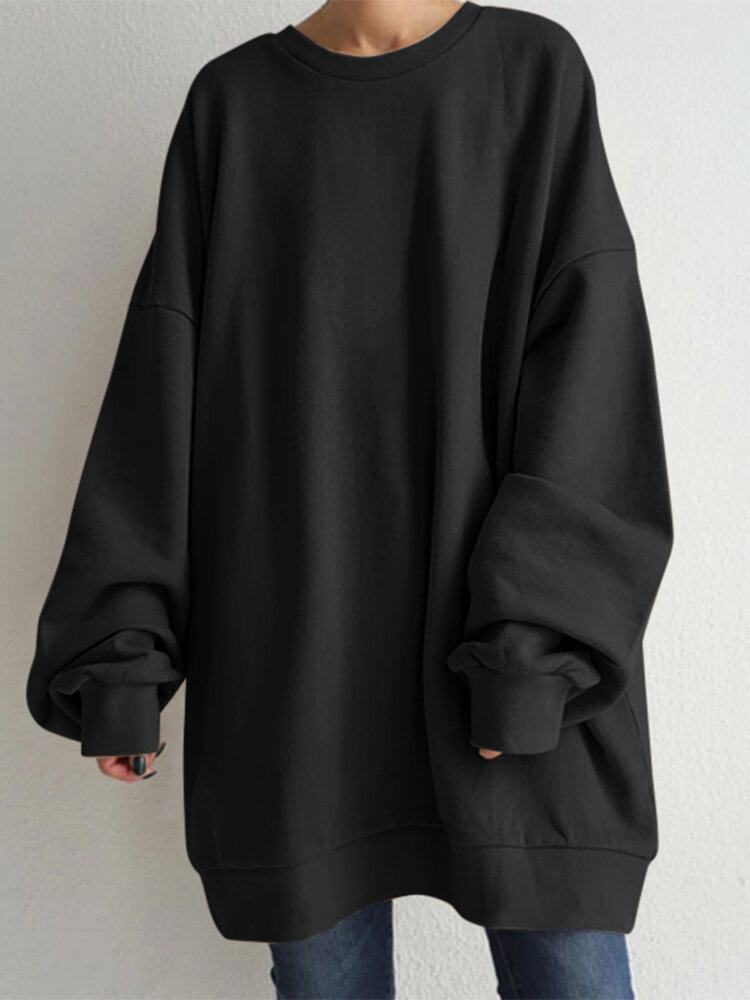 Kvinder Puff Sleeve Rundhals Ensfarvet Hem Langærmet Sweatshirts