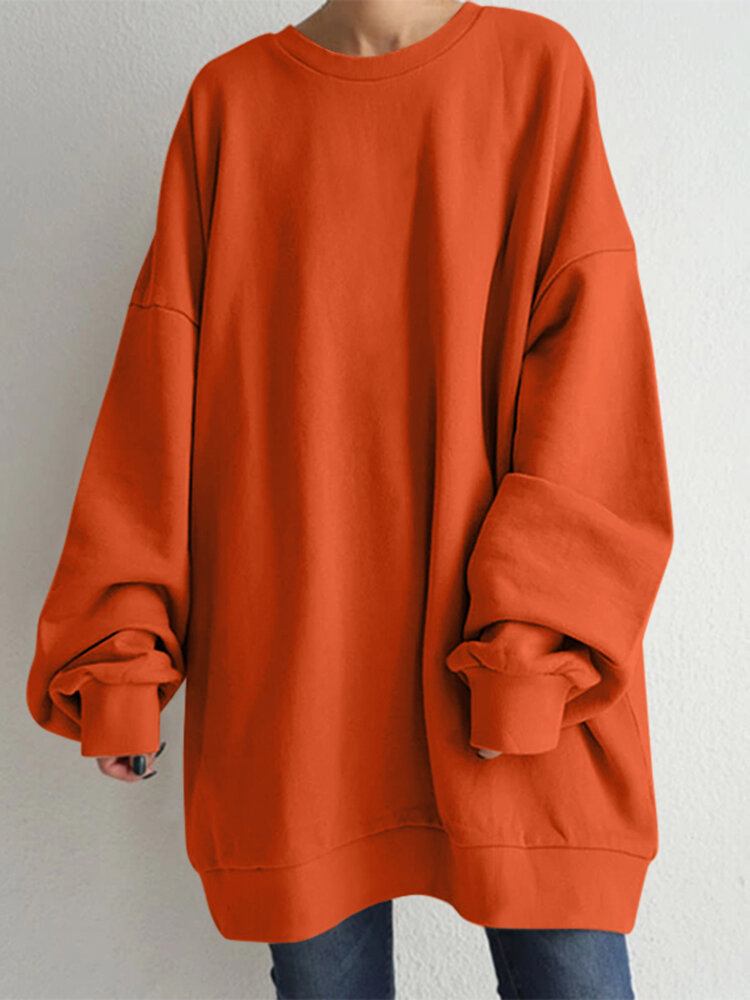 Kvinder Puff Sleeve Rundhals Ensfarvet Hem Langærmet Sweatshirts