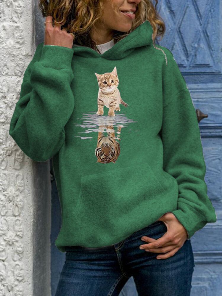 Kvinder Sød Kat Grafisk Print Langærmet Casual Pullover Hættetrøje