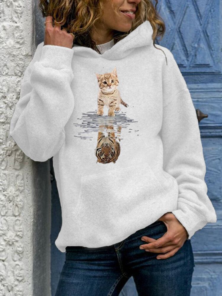 Kvinder Sød Kat Grafisk Print Langærmet Casual Pullover Hættetrøje