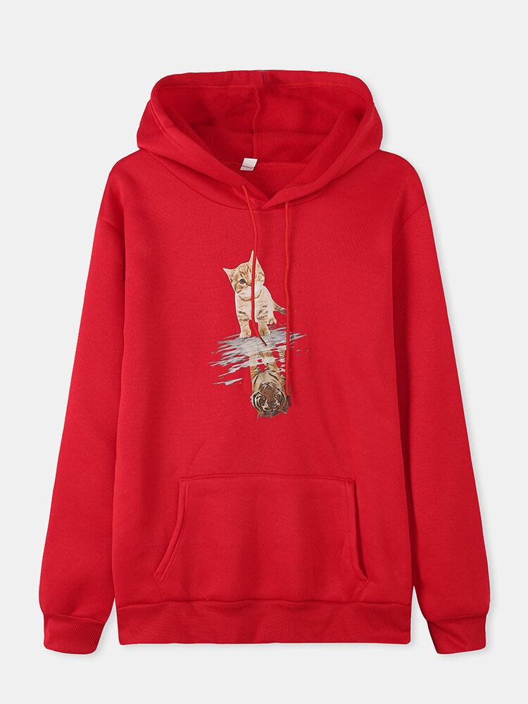 Kvinder Sød Kat Grafisk Print Langærmet Casual Pullover Hættetrøje