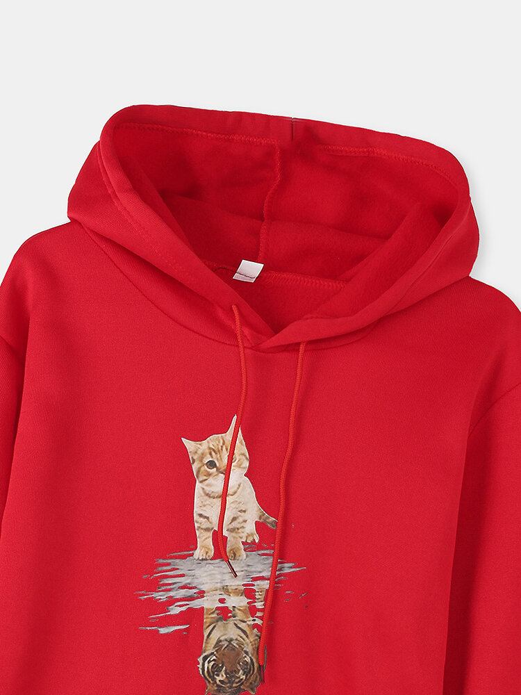 Kvinder Sød Kat Grafisk Print Langærmet Casual Pullover Hættetrøje