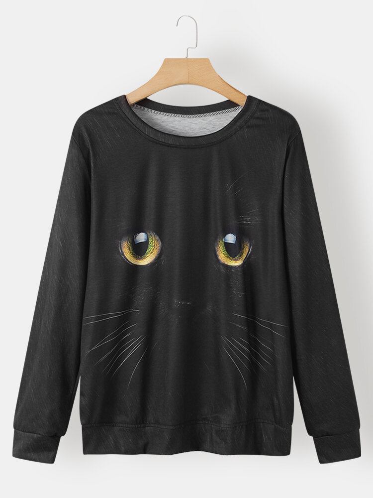 Kvinder Sort Kat Print Rundhalset Pullover Langærmede Sweatshirts