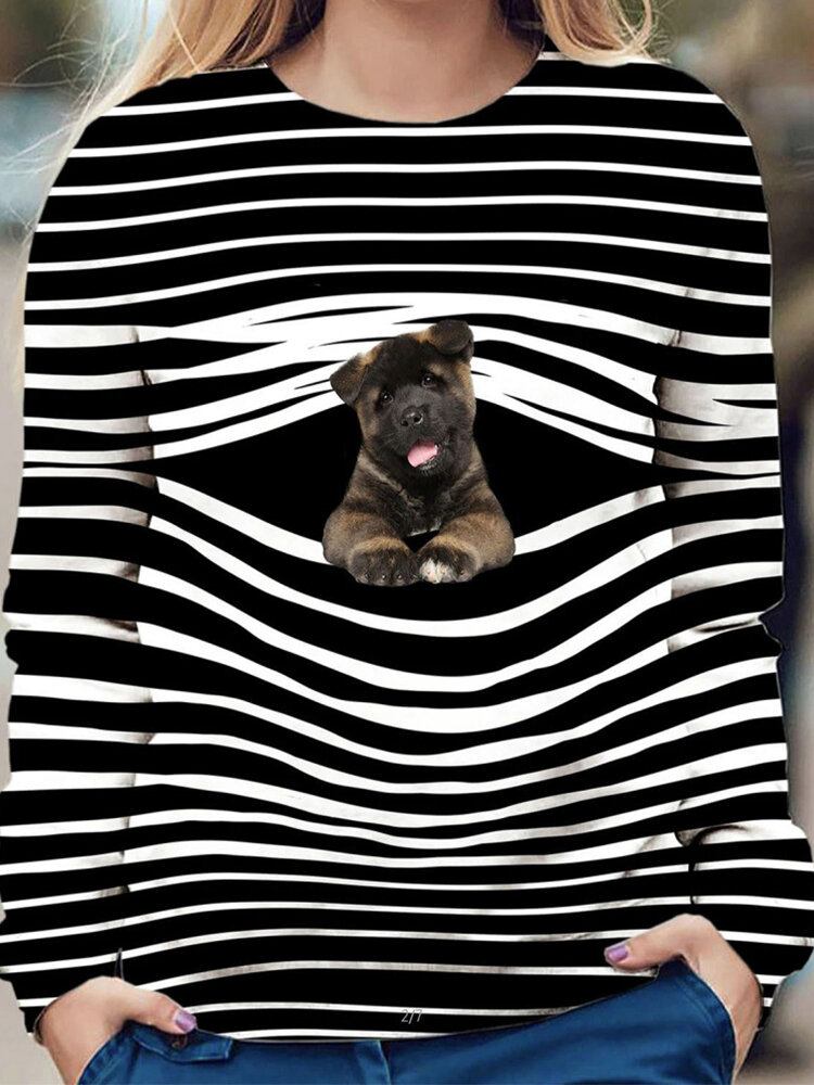 Kvinder Stripe 3d Hunde Print Pullover O-hals Langærmede Casual Sweatshirts