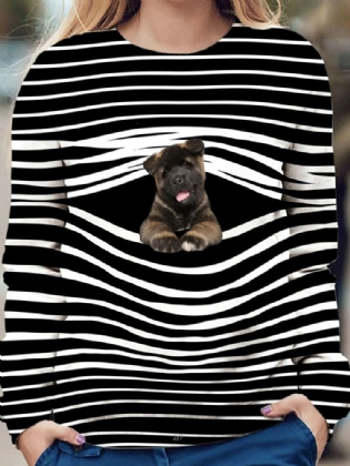 Kvinder Stripe 3d Hunde Print Pullover O-hals Langærmede Casual Sweatshirts