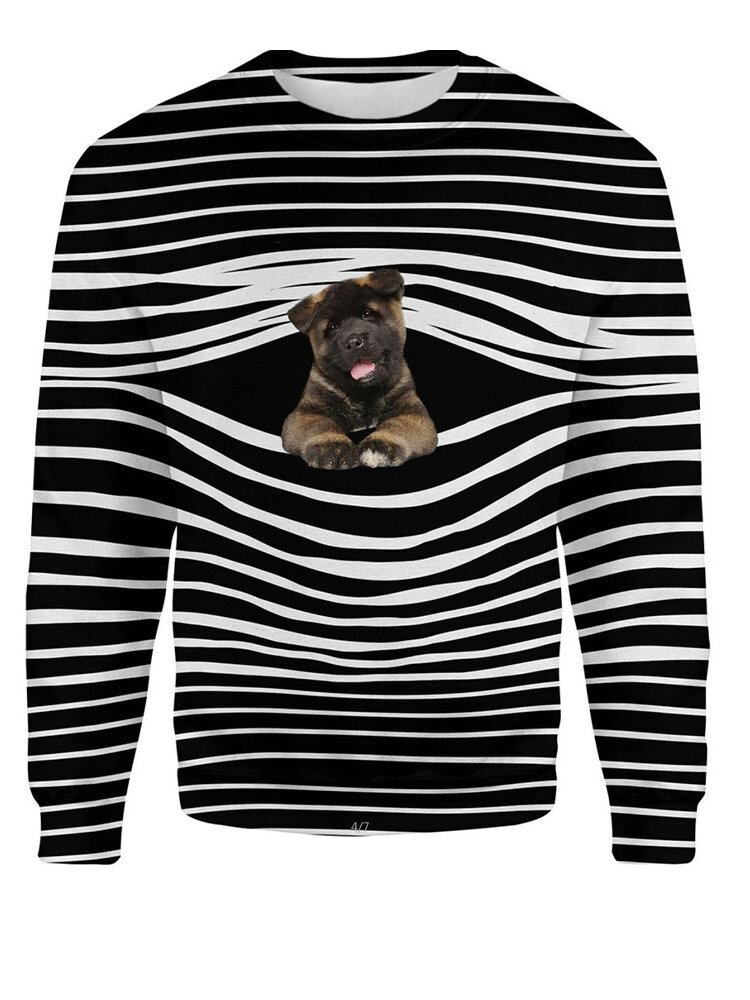 Kvinder Stripe 3d Hunde Print Pullover O-hals Langærmede Casual Sweatshirts