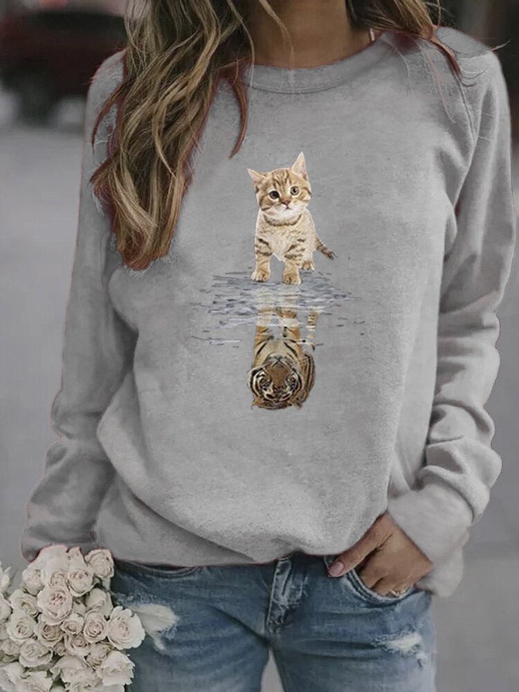 Kvinder Tegneserie Animal Cat Print Pullover Langærmede Søde Sweatshirts