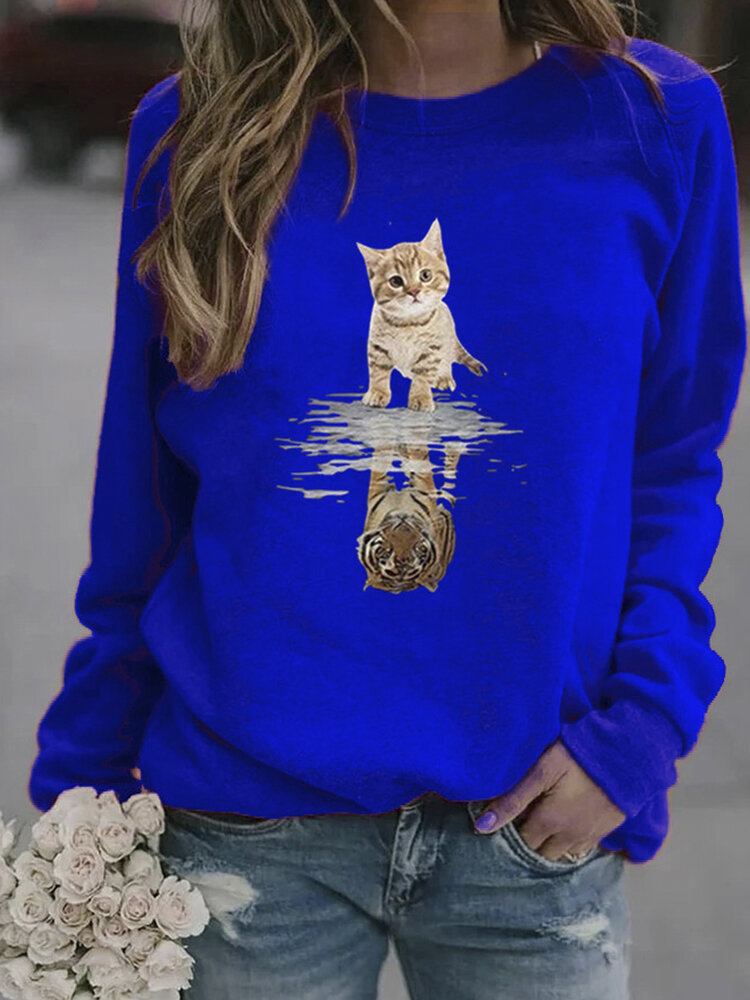 Kvinder Tegneserie Animal Cat Print Pullover Langærmede Søde Sweatshirts