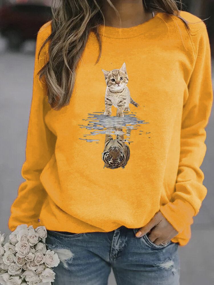 Kvinder Tegneserie Animal Cat Print Pullover Langærmede Søde Sweatshirts