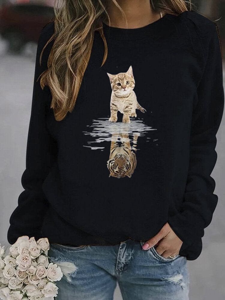 Kvinder Tegneserie Animal Cat Print Pullover Langærmede Søde Sweatshirts