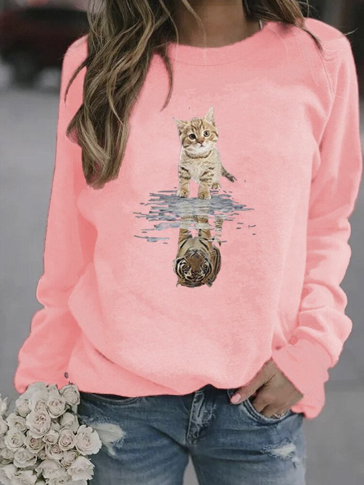 Kvinder Tegneserie Animal Cat Print Pullover Langærmede Søde Sweatshirts