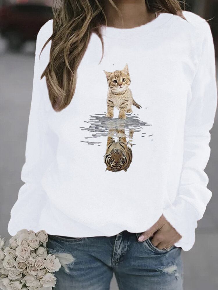 Kvinder Tegneserie Animal Cat Print Pullover Langærmede Søde Sweatshirts