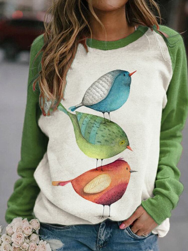 Kvinder Tegneserie Bird Print O-hals Raglan Ærmer Pullover Sweatshirts