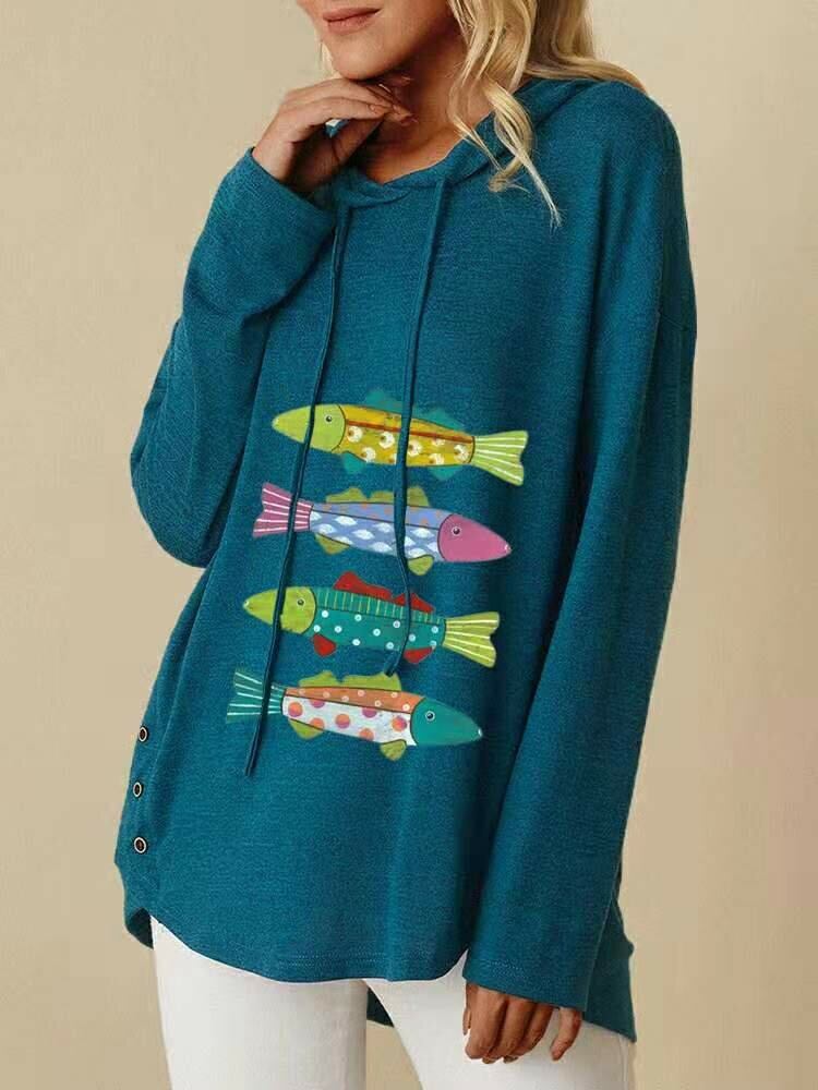 Kvinder Tegneserie Fisk Udskriv Sideknap Snøre Casual Løs Pullover Hættetrøje