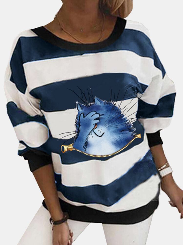 Kvinder Tegneserie Kat Vandret Stribe Print Casual Langærmede Sweatshirts